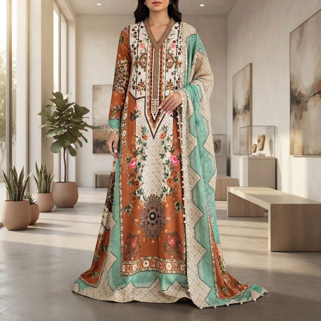 Kaftan style 3 piece handwork embroidery suit (unstitched)